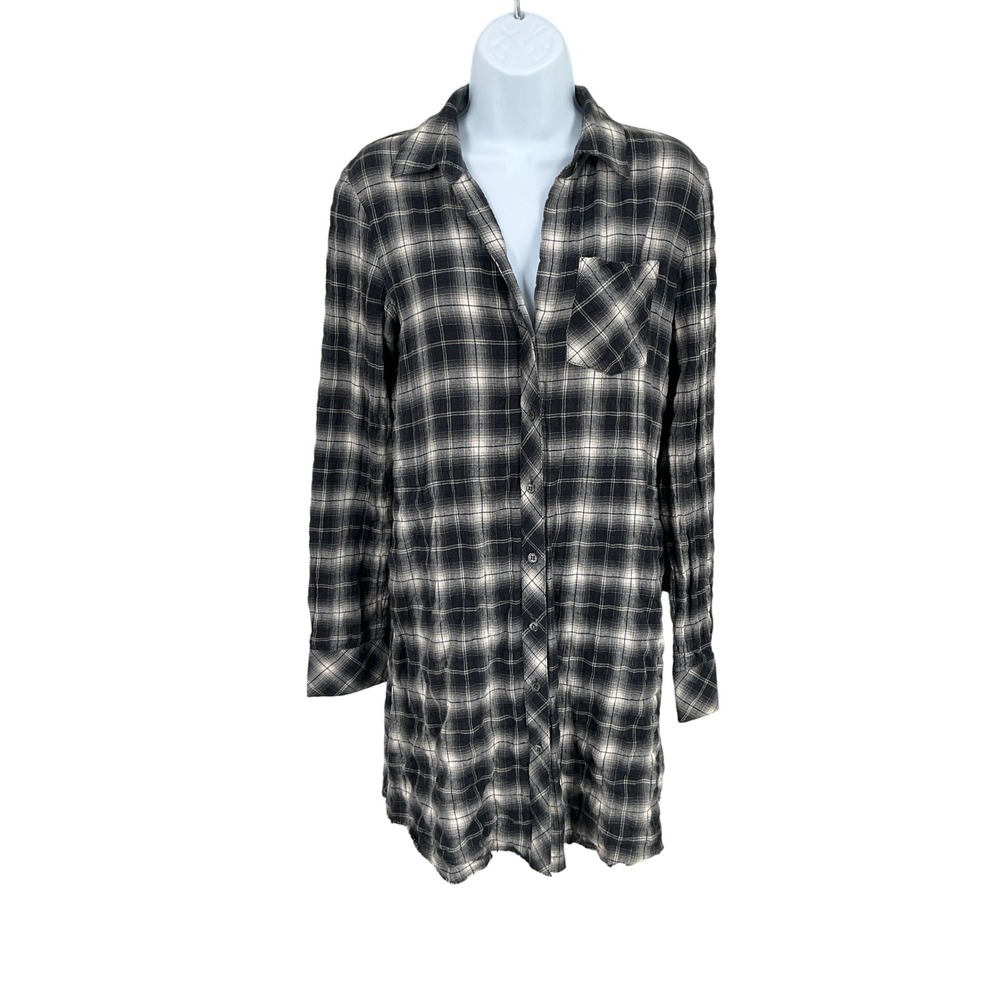 Theory Shirt Dress Women S Black White Cotton Plaid Elbow Patch Raw Hem Grunge